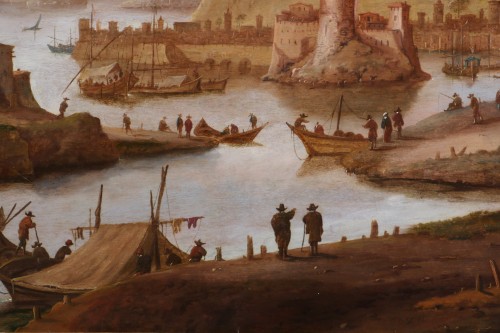 Antiquités - Dirck Vheraert (1610-1680) signé DVH - Grand paysage animé, capriccio maritime