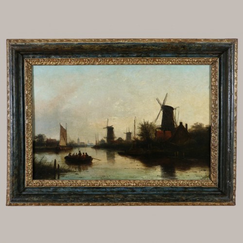 Jacob Jan Coenraad Spöhler (1837 -1923) Fin de journée sur un canal de Holland - Tableaux et dessins Style Napoléon III