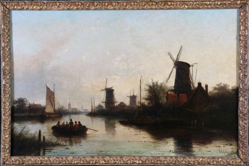 Tableaux et dessins Tableaux XIXe siècle - Jacob Jan Coenraad Spöhler (1837 -1923) Fin de journée sur un canal de Holland