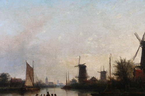 XIXe siècle - Jacob Jan Coenraad Spöhler (1837 -1923) Fin de journée sur un canal de Holland