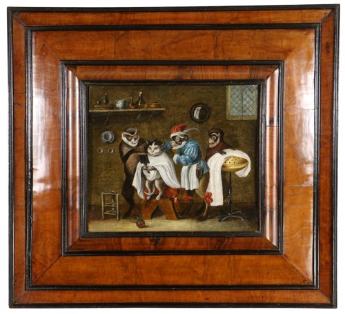 Singerie, le chat chez le barbier, attribué à Ferdinand van Kessel (1648 – 1696)