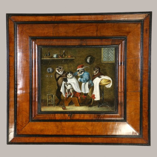 Singerie, le chat chez le barbier, attribué à Ferdinand van Kessel (1648 – 1696) - Tableaux et dessins Style Louis XIV
