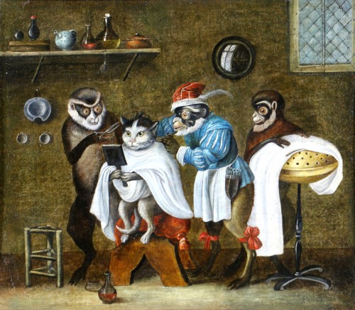 Tableaux et dessins Tableaux XVIIe siècle - Singerie, le chat chez le barbier, attribué à Ferdinand van Kessel (1648 – 1696)