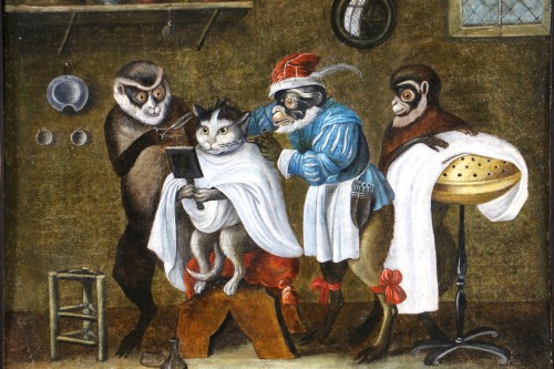 Singerie, le chat chez le barbier, attribué à Ferdinand van Kessel (1648 – 1696) - Galerie PhC