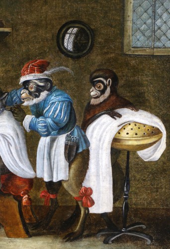XVIIe siècle - Singerie, le chat chez le barbier, attribué à Ferdinand van Kessel (1648 – 1696)