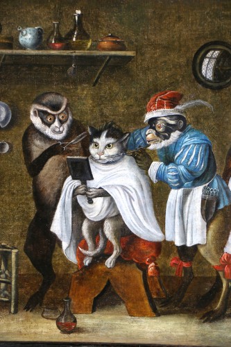 Singerie, le chat chez le barbier, attribué à Ferdinand van Kessel (1648 – 1696) - Louis XIV