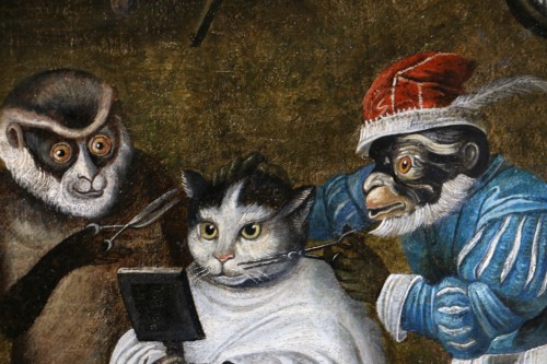 Louis XIV - Singerie, le chat chez le barbier, attribué à Ferdinand van Kessel (1648 – 1696)