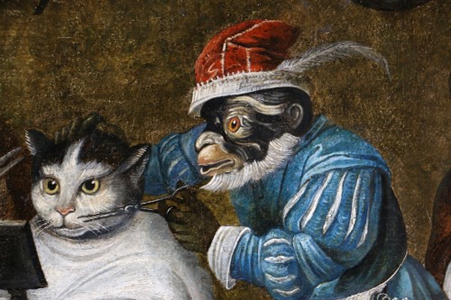 Antiquités - Singerie, le chat chez le barbier, attribué à Ferdinand van Kessel (1648 – 1696)