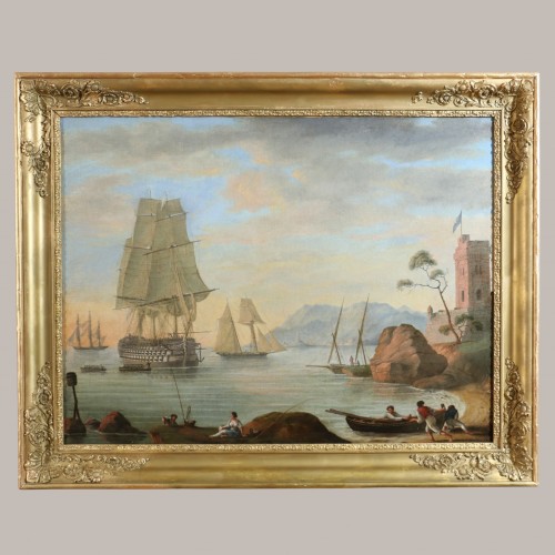 *HMS Queen* at anchor, c. 1845, Attributed to John Ward of Hull (1798–1849) - Paintings & Drawings Style Louis-Philippe