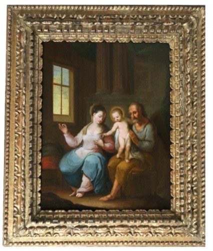 Ecole flamande du 17e siècle monogrammée - La sainte famille dans un intérieur