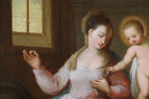 Ecole flamande du 17e siècle monogrammée - La sainte famille dans un intérieur - Galerie PhC