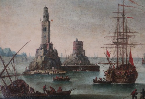 Tableaux et dessins Tableaux XVIIIe siècle - Paysage maritime animé - attribué à Alessandro Grevenbroeck