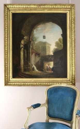 Le moine et les 4 jeunes femmes dans une ruine - Attribué à Hubert Robert (1733-1808) et son atelier - Tableaux et dessins Style Louis XVI