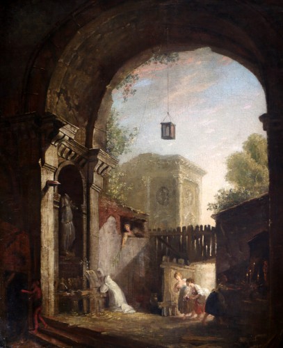 Tableaux et dessins Tableaux XVIIIe siècle - Le moine et les 4 jeunes femmes dans une ruine - Attribué à Hubert Robert (1733-1808) et son atelier