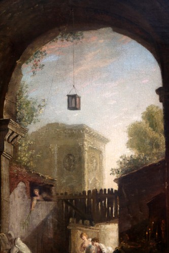 XVIIIe siècle - Le moine et les 4 jeunes femmes dans une ruine - Attribué à Hubert Robert (1733-1808) et son atelier