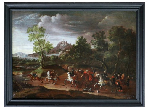 Paysage animé d'un choc de cavalerie - Attribué à Wilhem von Bemmel (1630-1708)