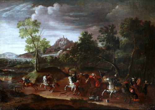 Paysage animé d'un choc de cavalerie - Attribué à Wilhem von Bemmel (1630-1708) - Tableaux et dessins Style Louis XIV