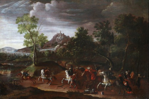 Tableaux et dessins Tableaux XVIIe siècle - Paysage animé d'un choc de cavalerie - Attribué à Wilhem von Bemmel (1630-1708)