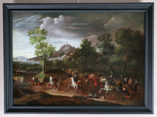 Antiquités - Paysage animé d'un choc de cavalerie - Attribué à Wilhem von Bemmel (1630-1708)