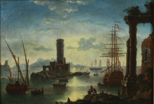  Dutch school around 1700. Marine and capriccio at dusk - Paintings & Drawings Style Louis XIV