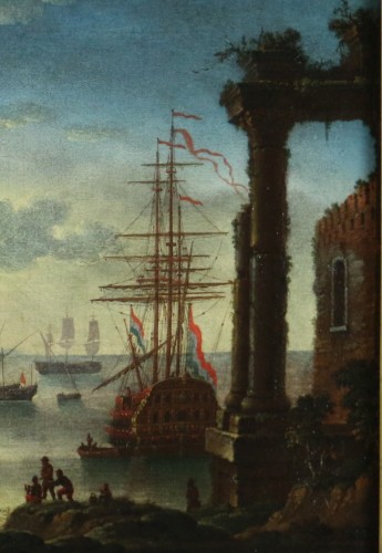 Ecole hollandaise vers 1700. Marine et capriccio à la tombée du jour - Galerie PhC