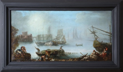 Marine avec scène portuaire attribuée à Adriaen van der Kabel (1630-1705)