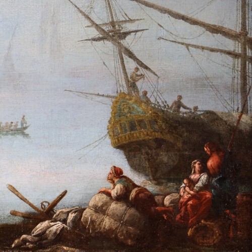 Marine avec scène portuaire attribuée à Adriaen van der Kabel (1630-1705) - Tableaux et dessins Style Louis XIV