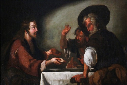 Ecole italienne du 17e siècle, Jésus partage le pain avec les Pélerins d'Emmaus - Tableaux et dessins Style Louis XIV