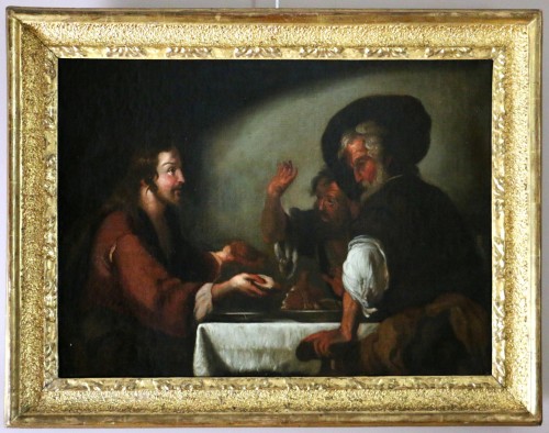 Antiquités - Ecole italienne du 17e siècle, Jésus partage le pain avec les Pélerins d'Emmaus