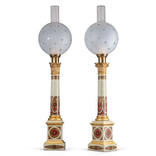 A pair of Empire painted tole Carcel Lamps decorated with botehs