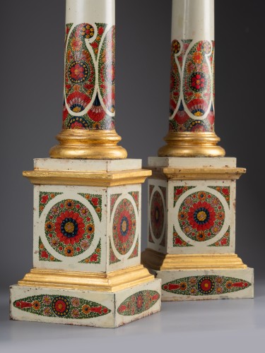 Paire de lampes Carcel d'époque Empire en tôle décorée de botehs - Luminaires Style Empire