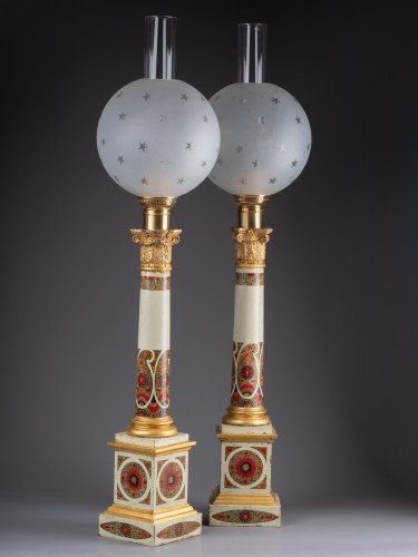 Rare paire de lampes Carcel d'époque Empire en tôle décorée de botehs - Empire