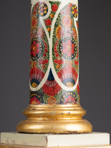 Antiquités - A pair of Empire painted tole Carcel Lamps decorated with botehs