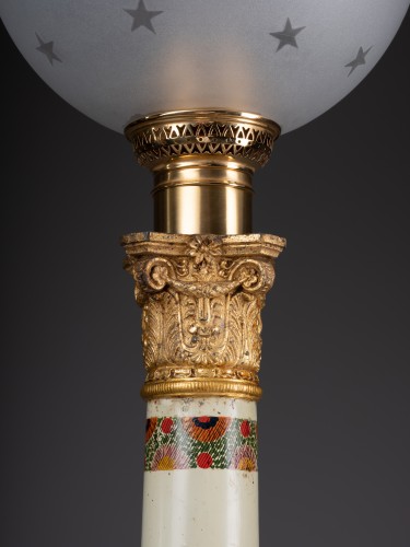 Antiquités - Paire de lampes Carcel d'époque Empire en tôle décorée de botehs