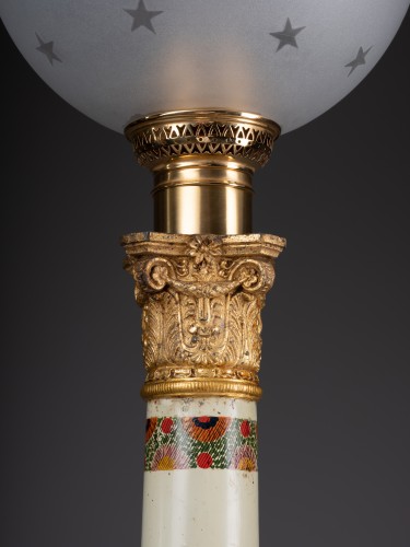 Antiquités - A pair of Empire painted tole Carcel Lamps decorated with botehs