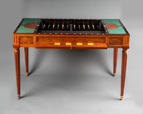 A Louis XVI mahogany and ebony tric-trac table signed Ancellet - 