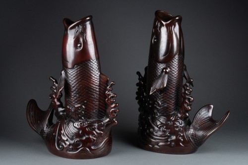 19th century - A PAIR OF JAPANESE BRONZE MODEL OF CARPS - Meiji Period