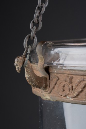 Luminaires Lustre - Lanterne cloche et son fumivore en verre soufflé d'époque néoclassique