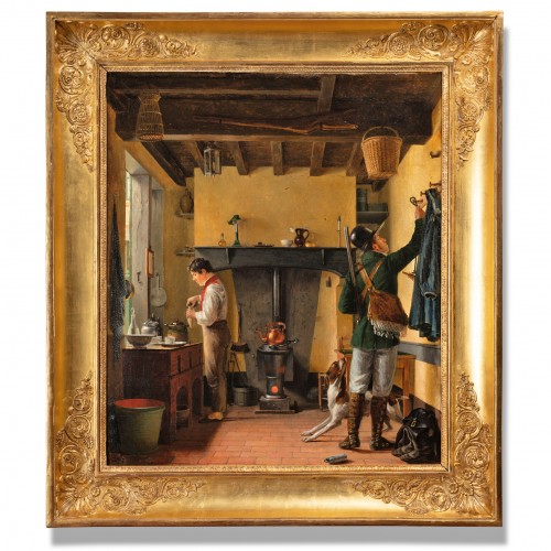 Tableaux et dessins Tableaux XIXe siècle - Abner Leroy (1791-1831) "Un intérieur, apprêts de Chasse" 1829