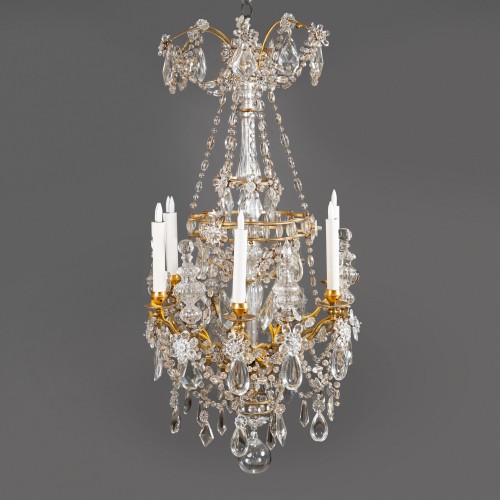 Lustre à six lumières en bronze doré avec pampilles et couronnes en cristal - Luminaires Style 