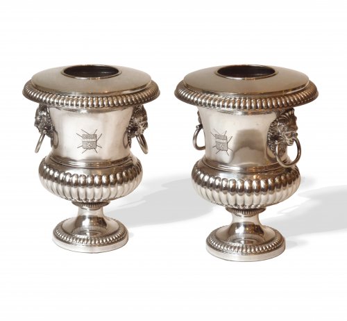 A pair of silver-plate urn-form wine coolers circa 1830