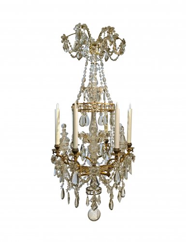 A French gilt bronze and crystal six light chandelier, circa 1850