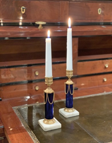 Lighting  - A pair of Swedish ormolu mounted cobalt blue glass candlesticks