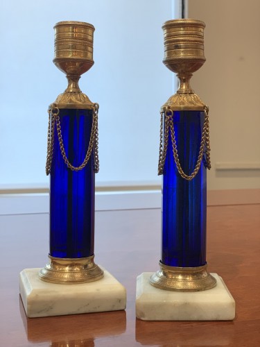 A pair of Swedish ormolu mounted cobalt blue glass candlesticks - 