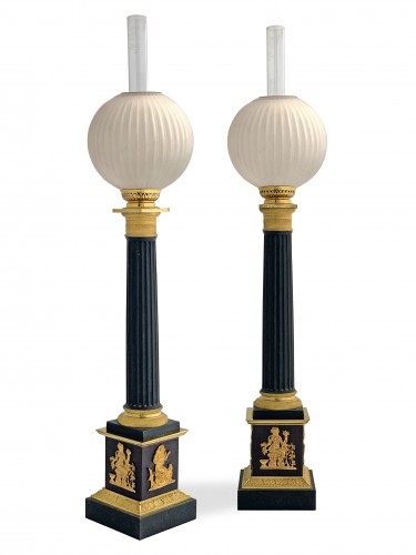  - A pair of columnar Carcel lamps - First half 19th century