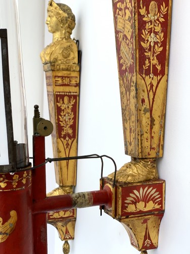 A pair of late 18th century gilt metal and scarlet tole peinte wall lights  - 