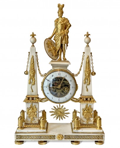 A large Louis XVI ormolu mounted white marble portico clock