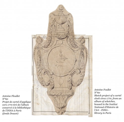 XVIIIe siècle - Le Roy - Foullet - Cartel à guirlandes et vase goût grec en bronze doré vers 1770