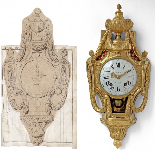 Le Roy - Foullet - Cartel à guirlandes et vase goût grec en bronze doré vers 1770 - Louis XVI