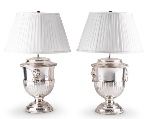 A pair of silver plate old sheffield urn-form lamps